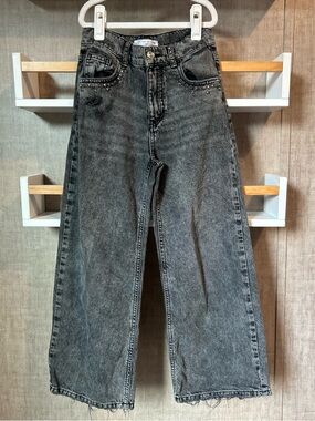 Zara Kids Acid-Wash Black Wide-Leg Jeans with Stud Trim